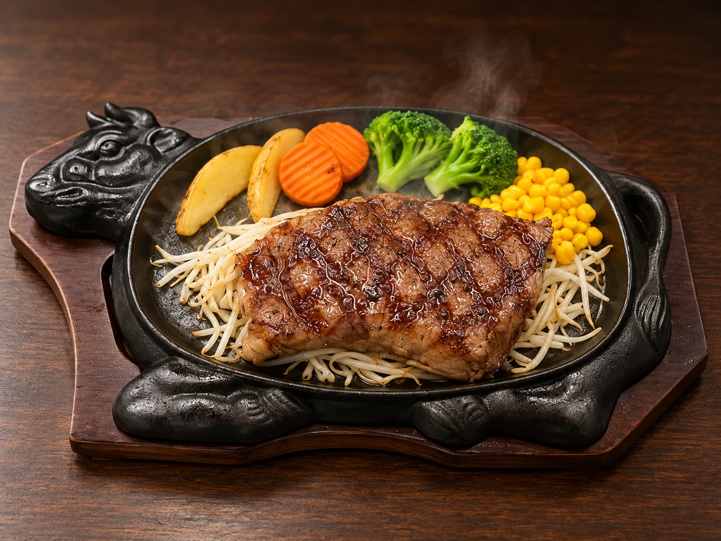 牛の形をした鉄板に盛り付けたサーロインステーキの料理イメージ